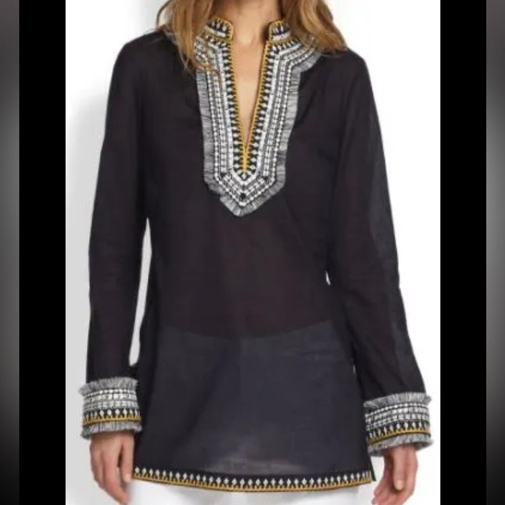 Tory Burch Navy Embroidered Fringe Detail 100% Cotton Tunic Size 8